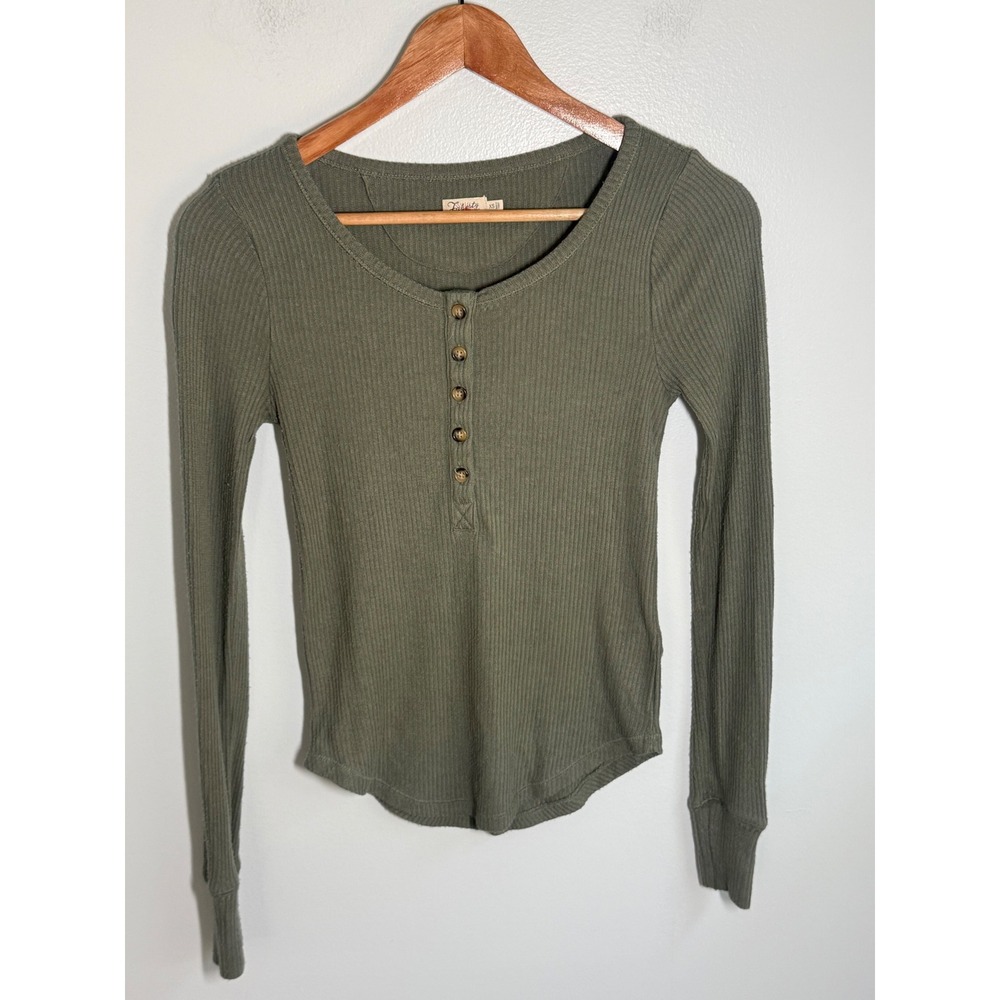 Faherty Brand Olive Green Ribbed Knit Henley Top Long Sleeve Button Front XS